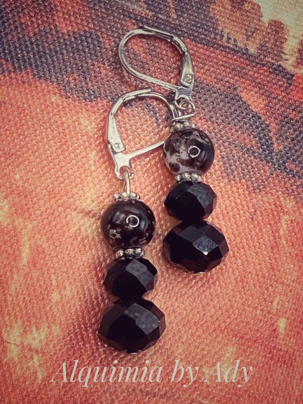 Brown agate and Black Faceted & Marbled Bead Drop Earrings with Silver Hooks